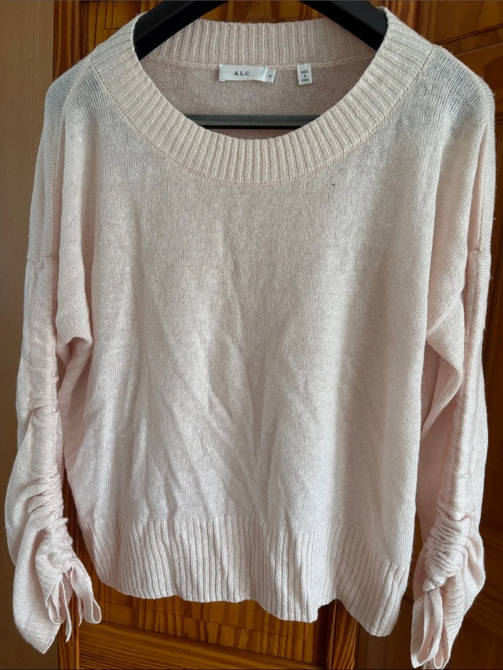 A.L.C. Light Pink Crewneck Sweater with Ruched Tie Sleeves
